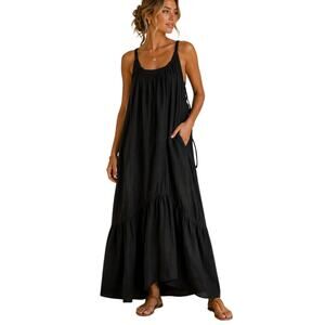 Magari Black Tiered Cotton Boho Maxi Dress Womens L Beachy Summer Cottage Core